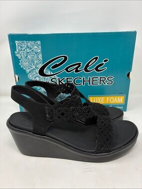 Skechers Black Cali Wedge Sandals with Decorative Laser-Cut Straps